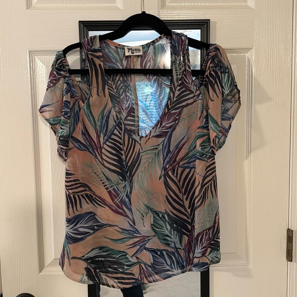 Show me your MuMu silk off-shoulder top. Tropical print. Medium.